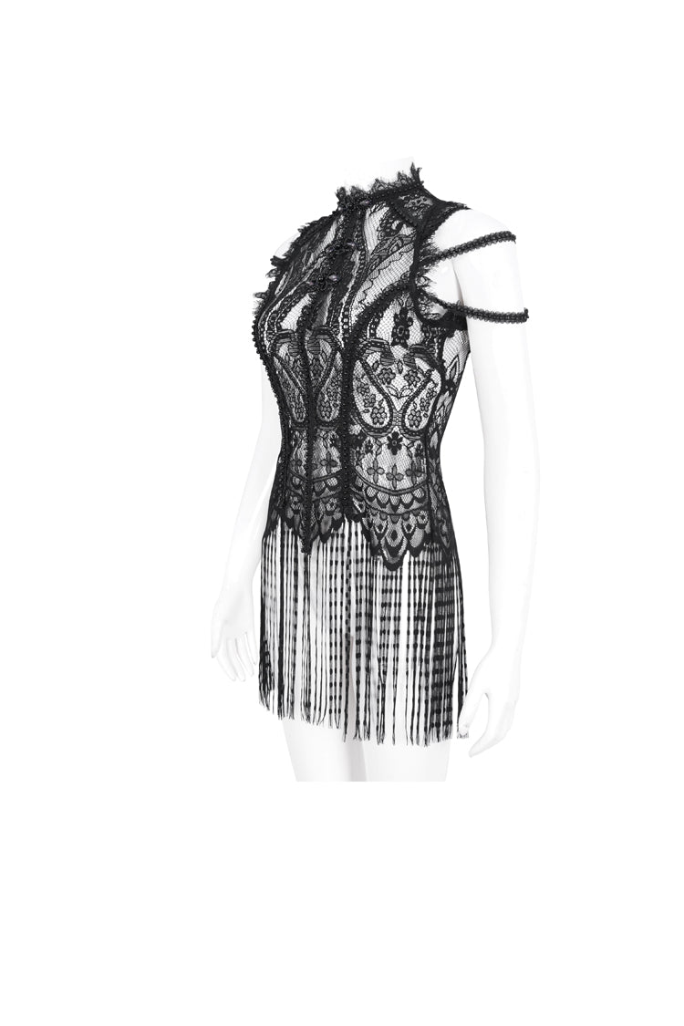 Black Round Collar Embroidery Lace Womens Gothic T-Shirt - Product - 8