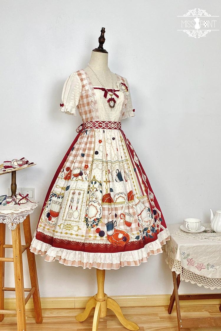 Red [Tea Party] Short Sleeves Print Ruffle Bowknot Lace Sweet Elegant Lolita Dress - Product - 6