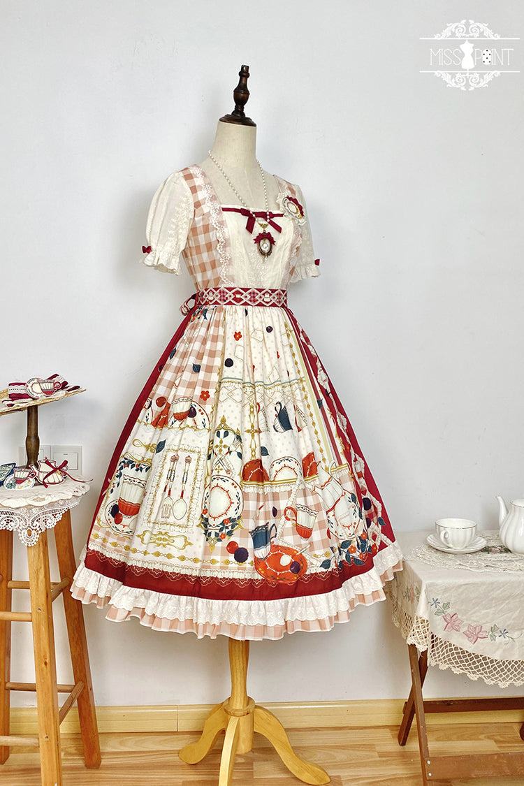 Red [Tea Party] Short Sleeves Print Ruffle Bowknot Lace Sweet Elegant Lolita Dress - Product - 6