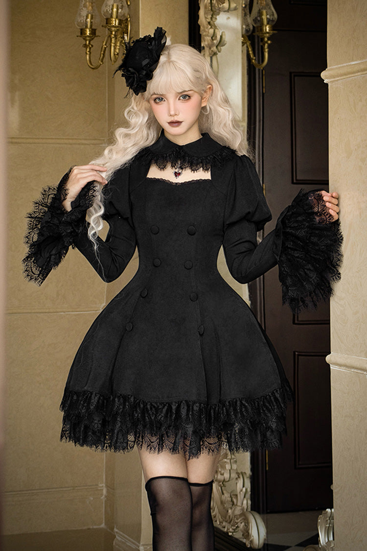 Black [Midnight Whisper] Double-breasted Short Sleeves Hollow Gothic Lolita Dress - Product - 7