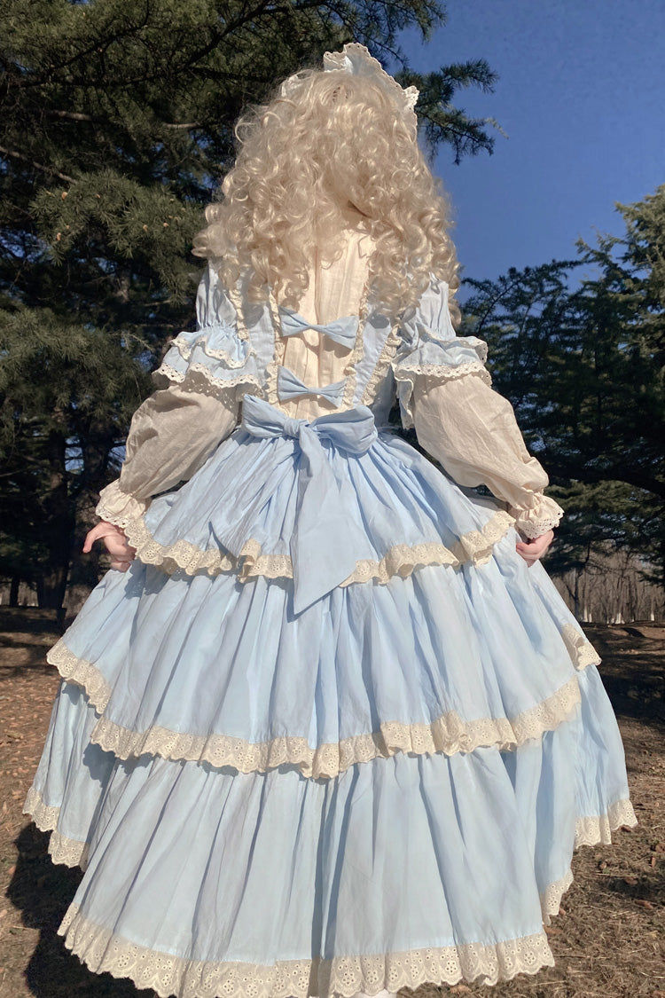 Blue Lapel Collar Long Sleeves High Waisted Multi-layer Bowknot Sweet Lolita Dress - Product - 5