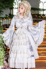 White/Purple Hanayome Cardigan High Waisted Trumpet Sleeves Multi-Layer Ruffled Sweet Lolita OP Dress - Product - 2