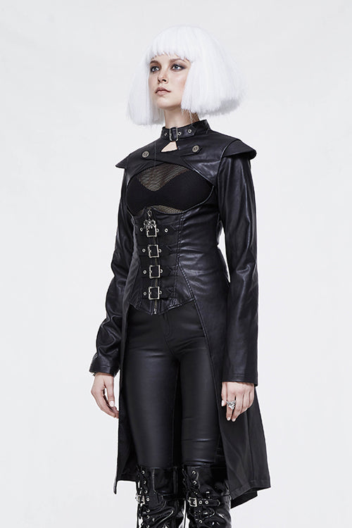 Black waisted short front and long back bare breast leather long womens Punk coat - Product - 2
