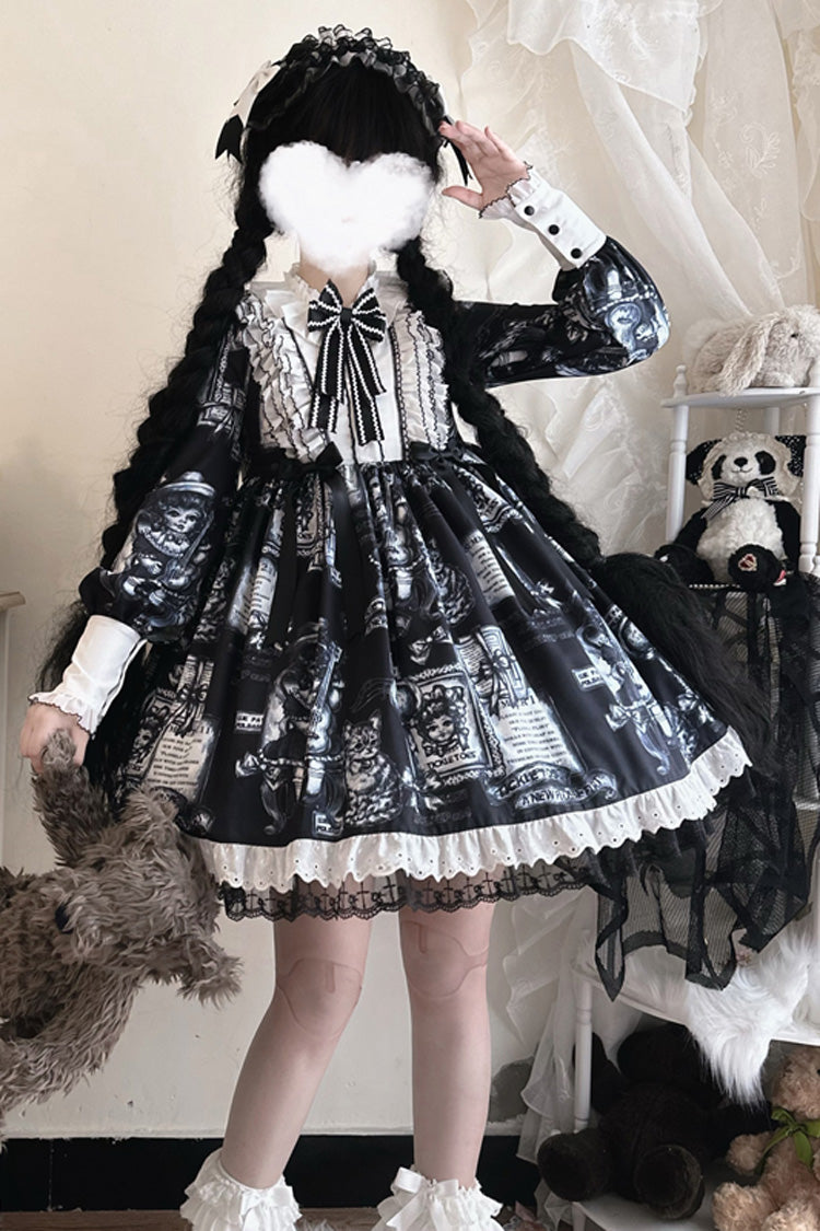 Black [Antique Cat] Print Long Sleeves Ruffle Bowknot Gothic Princess Lolita Dress - Black - 1