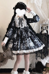 Black [Antique Cat] Print Long Sleeves Ruffle Bowknot Gothic Princess Lolita Dress - Black - 1