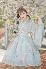 Japanese Trumpet Sleeves Lace Ruffled Cherry Blossom Print Sweet Lolita OP Dress - Product - 3