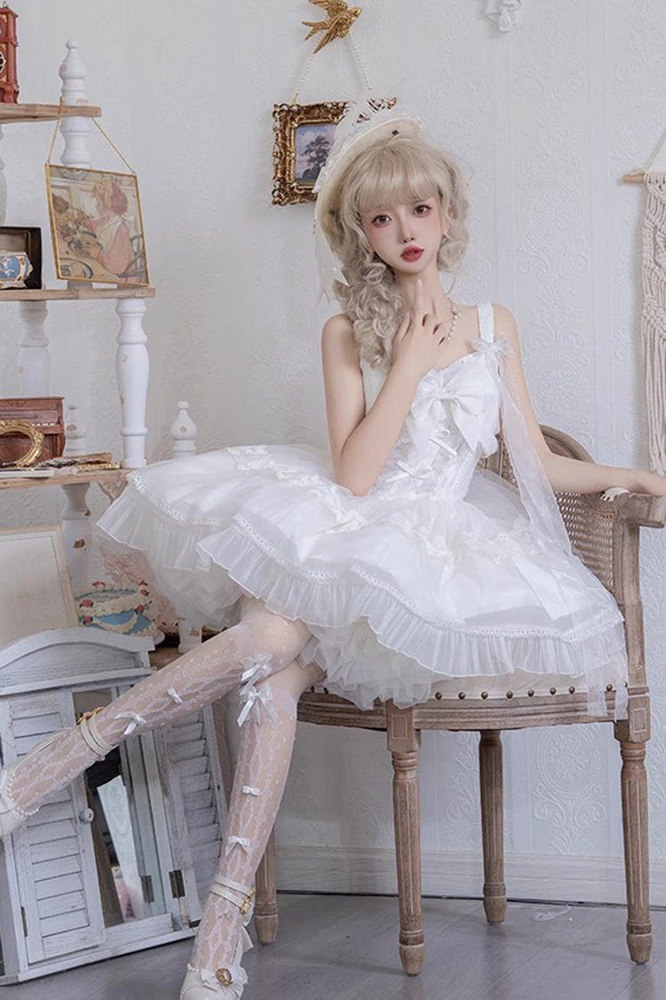 White [Bright Moonlight] Sleeveless Ruffle Bowknot Lace Lace-Up Sweet Elegant Lolita Jsk Dress - Product - 5