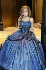 Blue [Galaxy of Fallen Tears] Sleeveless Glitter Series Ruffled Bow Asymmetric Sweet Lolita Jsk Dress - Blue - 1
