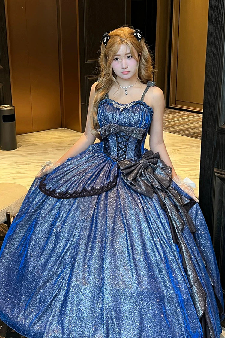 Blue [Galaxy of Fallen Tears] Sleeveless Glitter Series Ruffled Bow Asymmetric Sweet Lolita Jsk Dress - Blue - 1
