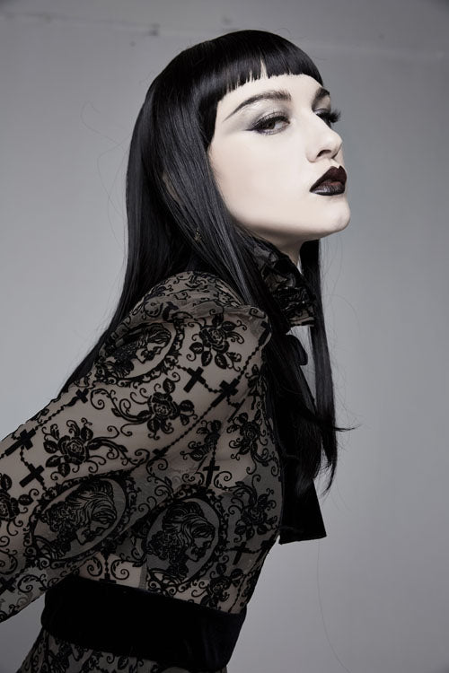 Black Floral Flocking Printed Long Sleeves Velvet With Tie Womens Gothic Dress - Product - 7