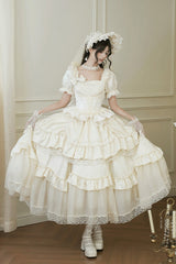 White [Letters and Poems] Square Collar Short Sleeves Ruffle Hanayome Bowknot Sweet Elegant Gorgeous Lolita Dress - Product - 5