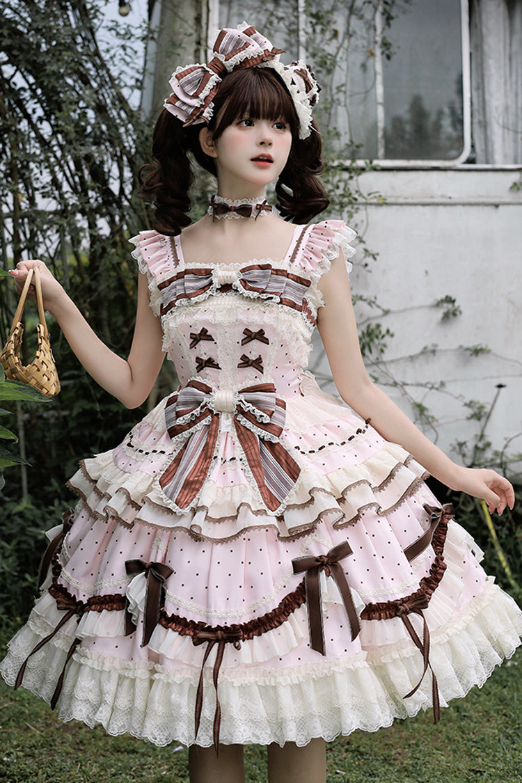 Pink [Shengqiao Tata] Sleeveless Print Ruffle Bowknot Lace-Up Sweet Elegant Lolita Jsk Dress - Pink - 1