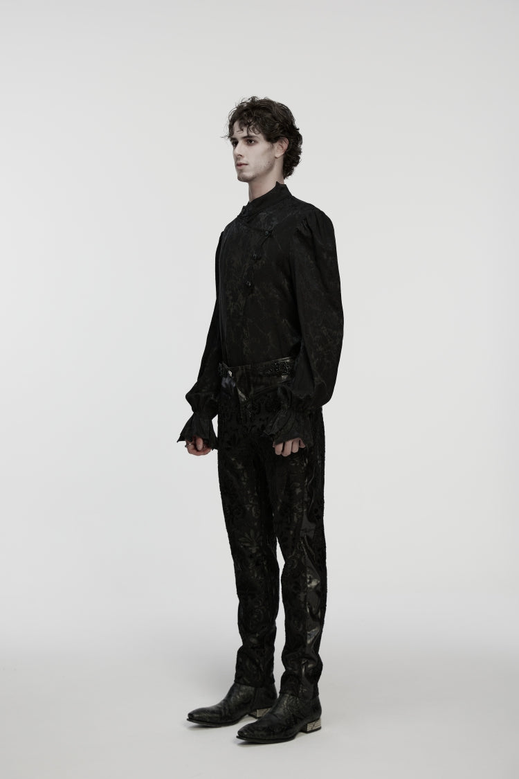Black Jacquard Floral Embroidered Men's Gothic Pants - Product - 3