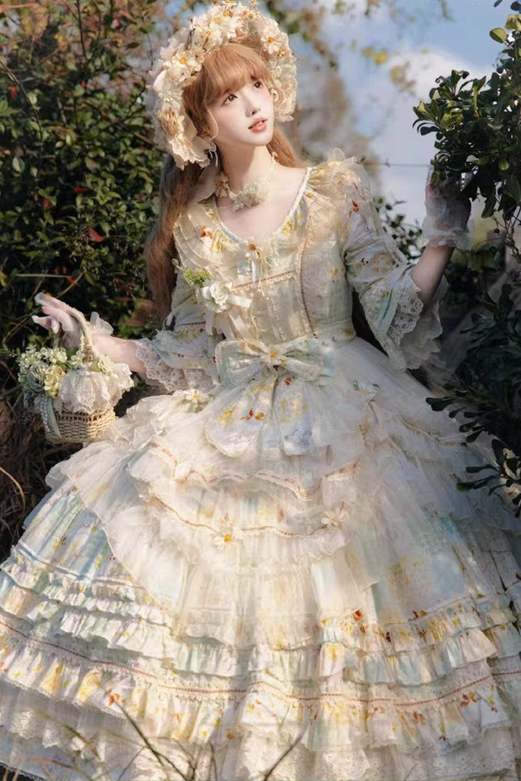 Green [Little Daisy] Lapel Collar Half Sleeves Multi-Layered Printed Bow Lace Princess Gorgeous Plus Size Sweet Lolita Dress - Product - 9