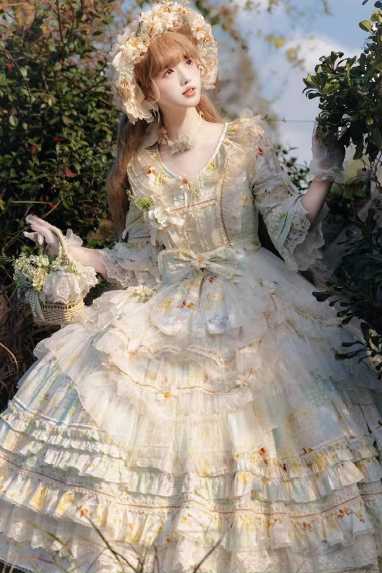 Green [Little Daisy] Lapel Collar Half Sleeves Multi-Layered Printed Bow Lace Princess Gorgeous Plus Size Sweet Lolita Dress - Product - 9
