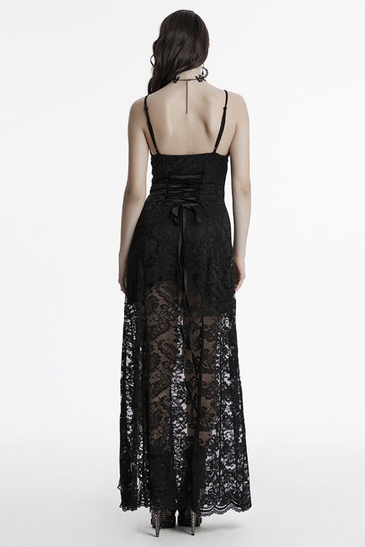 Black Sleeveless Plunging Split Hollow Embroidery Lace Women's Gothic Evening Slip Dress - Product - 3