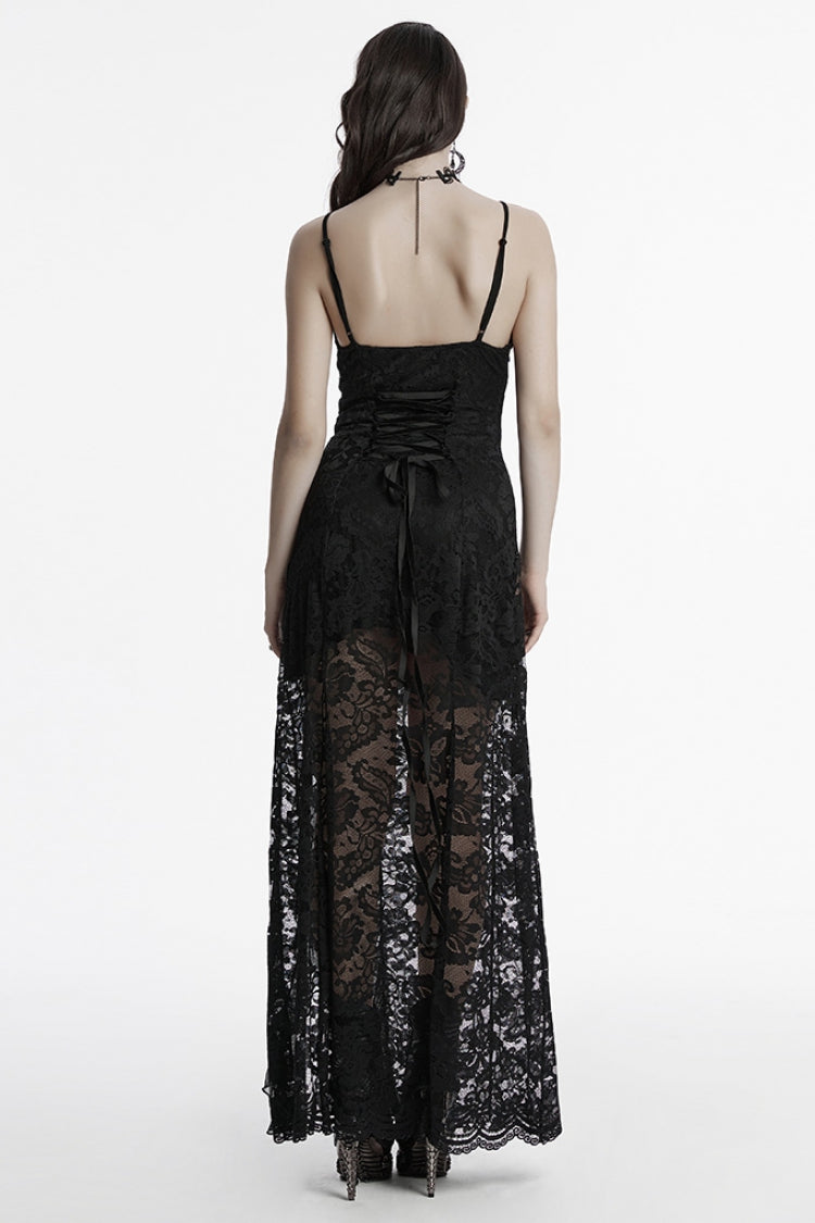 Black Sleeveless Plunging Split Hollow Embroidery Lace Women's Gothic Evening Slip Dress - Product - 3