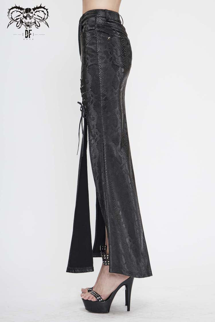 Black Snake Like Leather Side Slit Hem Lace Up Rivet Long Women's Punk Skirt - Product - 3