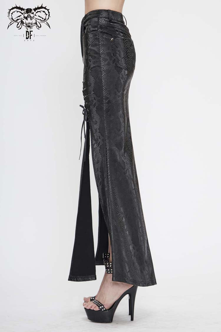Black Snake Like Leather Side Slit Hem Lace Up Rivet Long Women's Punk Skirt - Product - 3