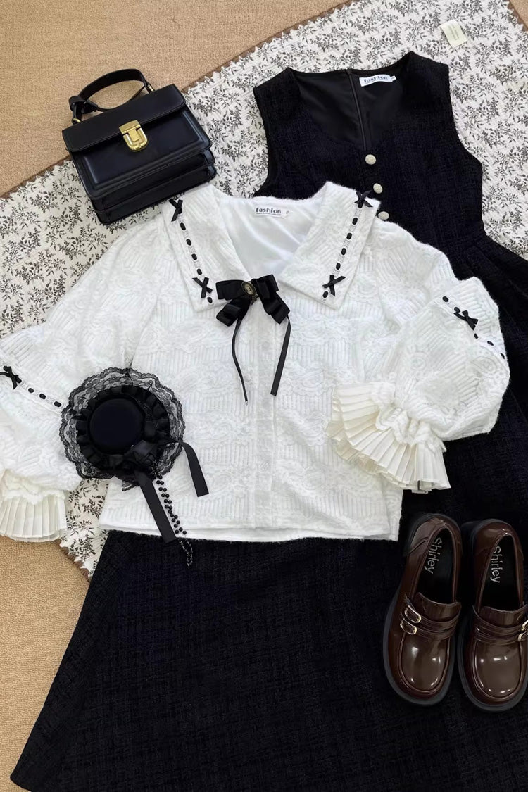 Black Lapel Collar Long Sleeves Ruffled Bow Sweet Lolita Jumper Dress Set - Product - 5