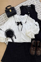 Black Lapel Collar Long Sleeves Ruffled Bow Sweet Lolita Jumper Dress Set - Product - 5
