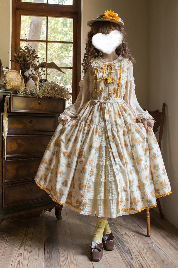 Apricot [Gardening Sunflower] Sleeveless Print Ruffle Bowknot Sweet Elegant Lolita Jsk Dress - Product - 8