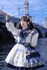 White/Blue [Starlight Academy Style] Long Sleeves Printed Ruffled Spliced Asymmetric Faux Two-Piece Sweet Lolita Dress - Product - 12