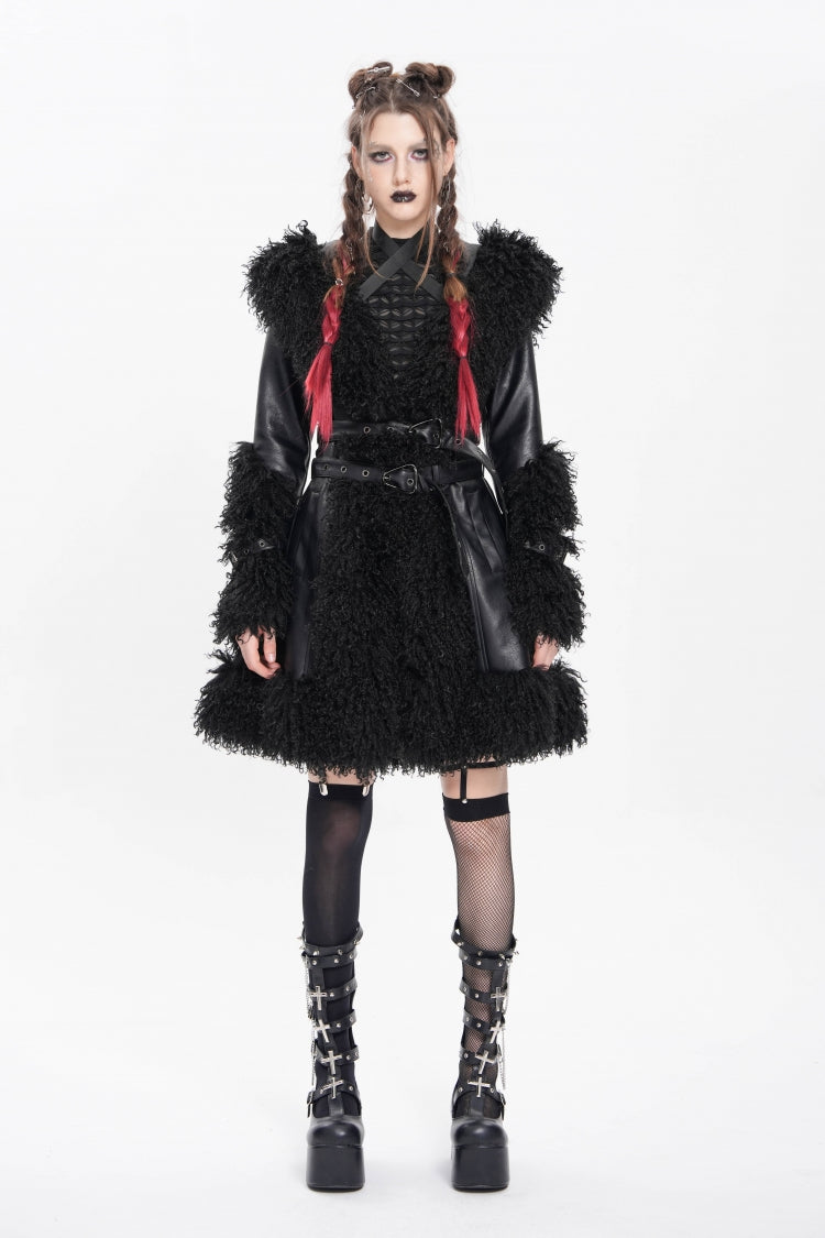 Black Long Sleeves Plush Stitching Buckle Hooded Straps Women's Punk Coat - Product - 7