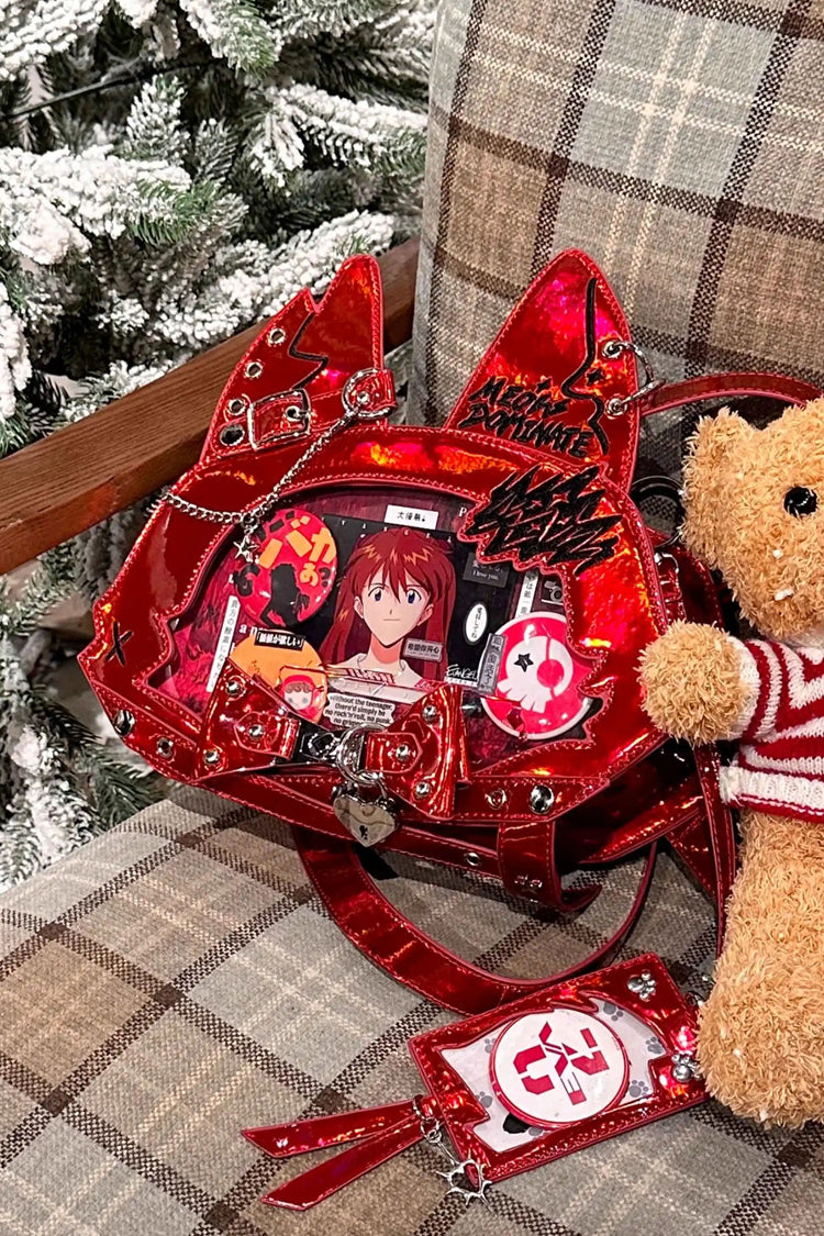 Domineering Cat [Cat Ears] Print Bowknot Gothic Lolita Crossbody Bag 9 Colors - Red - 19