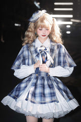 Blue [Little Starlight Idol] Lapel Collar Long Sleeves Double-Layered Printed Ruffled Bow Sweet Japanese Lolita Skirt Set - Blue(Set) - 1