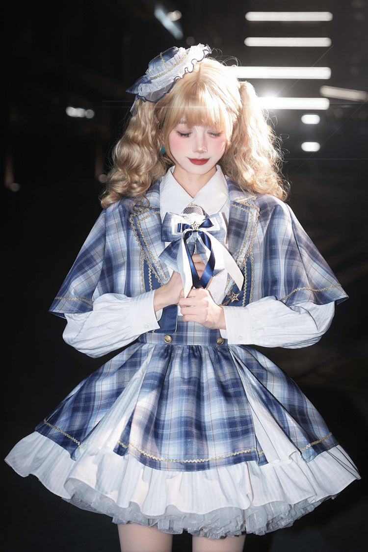 Blue [Little Starlight Idol] Lapel Collar Long Sleeves Double-Layered Printed Ruffled Bow Sweet Japanese Lolita Skirt Set - Blue(Set) - 1