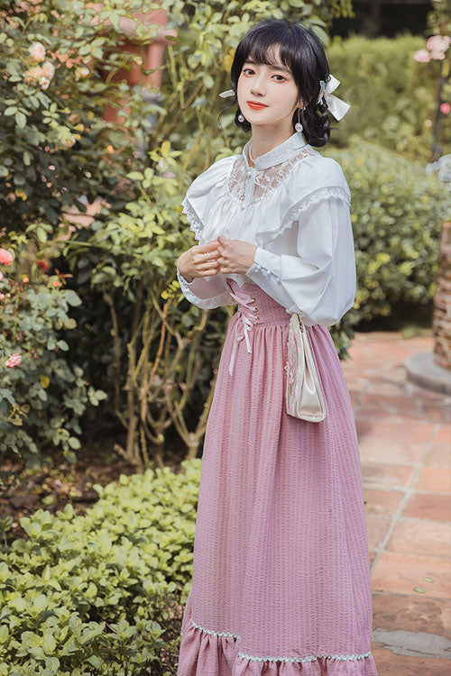 Pink Vintage Palace Style Ruffled Stripe Print High Waisted Classic Lolita Dress Skirt - Product - 2