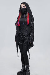 Black Punk Diablo Hole Design Cross Shape Stitching Transparent Mesh Metal Decoration Knitted Women's Coat - Product - 6