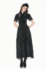 Black Stand Collar Short Puff Sleeves Sheer Lace Lace-Up Women's Gothic Blouse with Detachable Bowknot - Product - 9