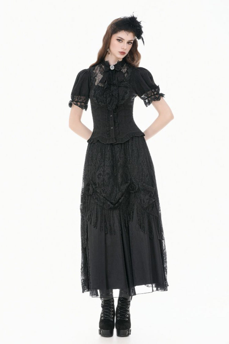 Black Stand Collar Short Puff Sleeves Sheer Lace Lace-Up Women's Gothic Blouse with Detachable Bowknot - Product - 9