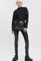 Black Wool Dropped Shoulders Perforated Sleeves Strap Connection Neck Zipper Loose Long Sleeve Women's Punk Sweater - Product - 5