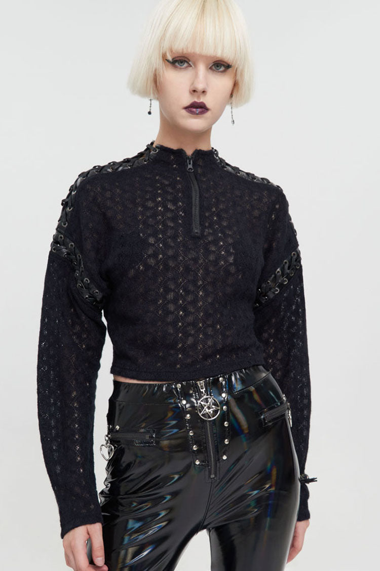 Black Wool Dropped Shoulders Perforated Sleeves Strap Connection Neck Zipper Loose Long Sleeve Women's Punk Sweater - Product - 2