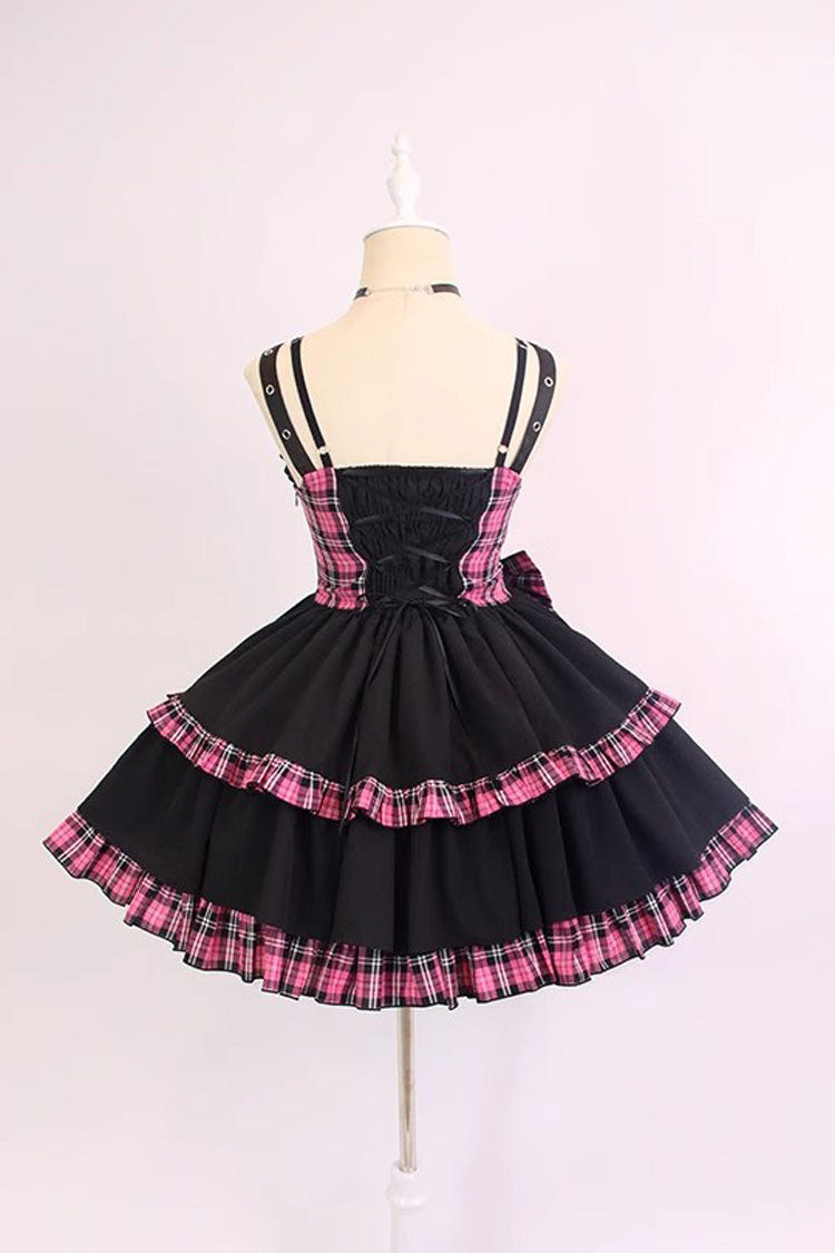 Black/Pink Plaid Print Color Contrast Leather Buckle Bowknot Ruffle Gothic Lolita JSK Dress - Product - 5