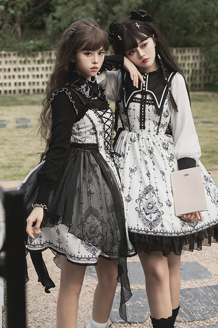 Black/White Long Sleeves Lace Ruffle Butterfly Magic Print Gothic Lolita OP Dress - Product - 7