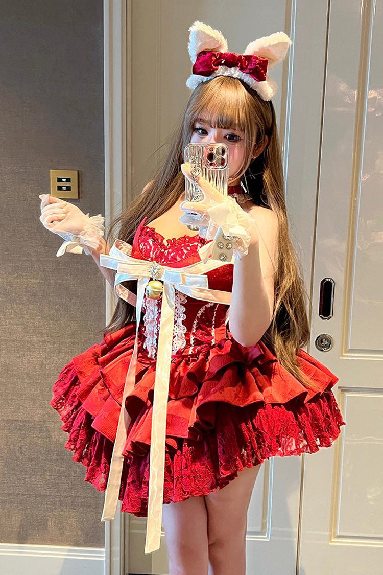 Red [Holiday Lovers] Sleeveless Triple-Layered Ruffle Hollow Bowknot Lace-Up Princess Ballet Sweet Lolita Dress - Product - 13