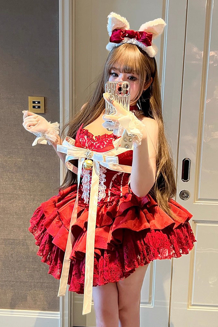 Red [Holiday Lovers] Sleeveless Triple-Layered Ruffle Hollow Bowknot Lace-Up Princess Ballet Sweet Lolita Dress - Product - 13