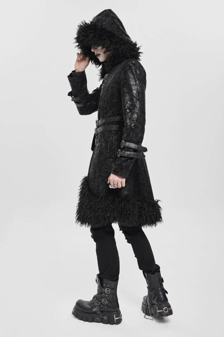 Black Stand Collar Long Sleeves Lace-Up Slim  Zippered Men's Punk Coat with Detachable Belt - Product - 10