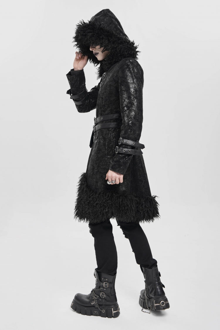 Black Stand Collar Long Sleeves Lace-Up Slim  Zippered Men's Punk Coat with Detachable Belt - Product - 10