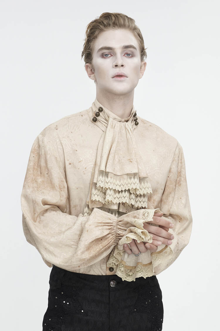 Apricot Stand Collar Puff Sleeved Men's Gothic Shirt With Necktie - Product - 2