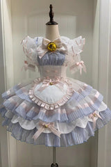 Blue Magical Girl Multi-layer Ruffle Bowknot Bell Maid Sweet Lolita Dress Full Set - Product - 3
