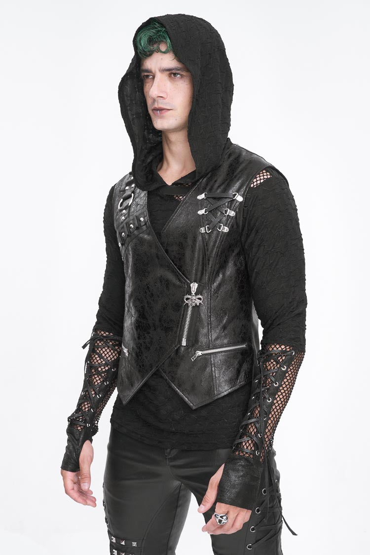 Black Zipper Faux Leather Men's Punk Waistcoat - Product - 3