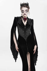 Black V Collar Long Trumpet Sleeves Floral Embroidered Velvet Women's Gothic Dress - Product - 4