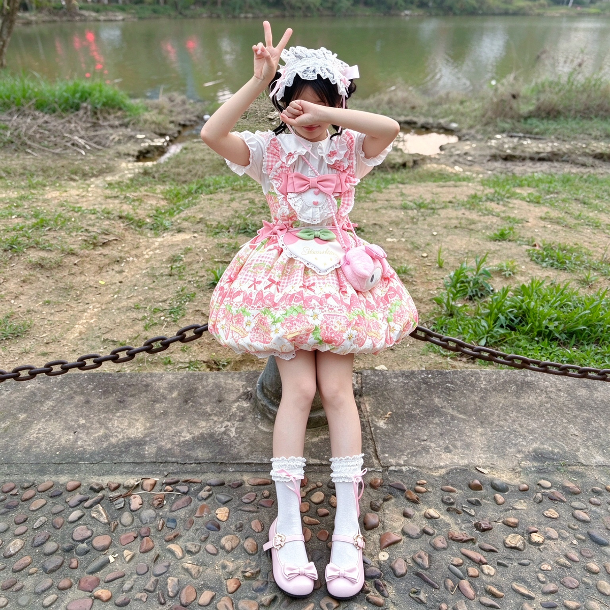 Strawberry Print Ruffled Maid Lolita Dress Set with Apron - view 7