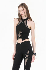 Black Women's Punk Halterneck Cross Double Buckled Waist Mesh Splice Tank Top - Black - 1
