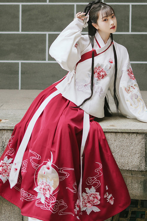 Red/White Chinese Style Ming Dynasty Ancient Costume Cross Collar Handmade Embroidery Sweet Hanfu Dress Two Piece - Product - 3